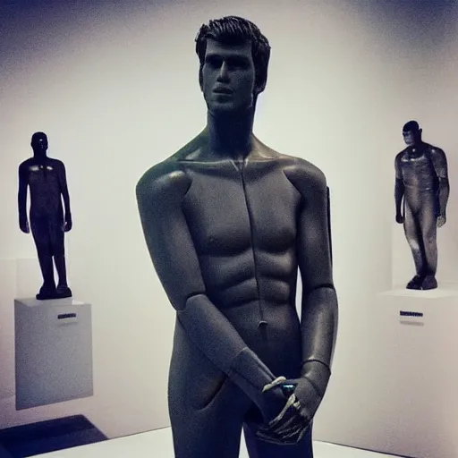 Image similar to “ a realistic detailed photo of a guy who is an attractive humanoid who is half robot and half humanoid, who is a male android, actor liam hemsworth, shiny skin, posing like a statue, blank stare, at the museum, on display ”