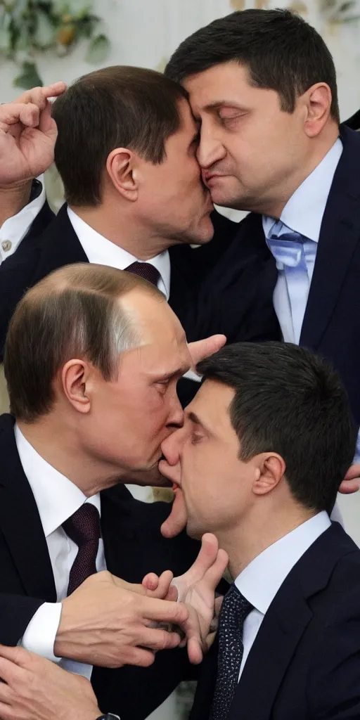 Prompt: Vladimir Putin kissing Volodymyr Zelenskyy