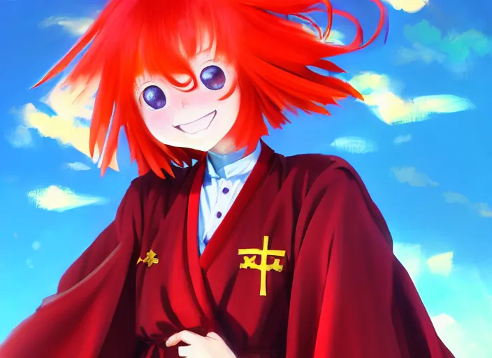 prompthunt: happy magical girl fire priestess with a beautiful face curly  red hair jumping, smiling, friendly looking, energetic, anime, cell shaded