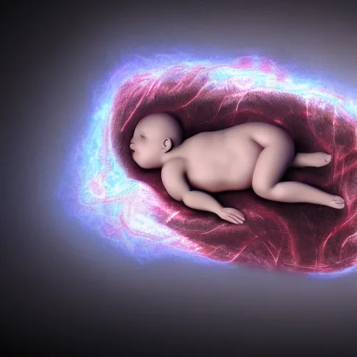 Image similar to picture of fetus covered by television static noise with a cord, coming out from the television, 8k, unreal engine, concept art, oil paiting, artstaion, highly detailed, ultra hd