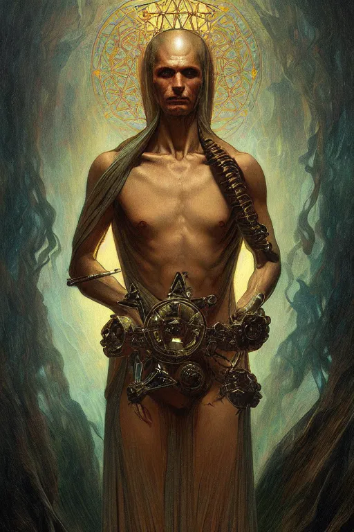 Image similar to a tarot card, a half man half machine, horror by agostino arrivabene and elegant intricate digital painting artstation concept art smooth sharp focus illustration, art by artgerm and greg rutkowski and alphonse mucha