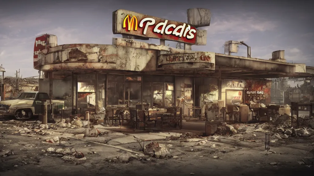 Prompt: post apocalyptic McDonalds::2, fallout, wasteland, octane render, 8k