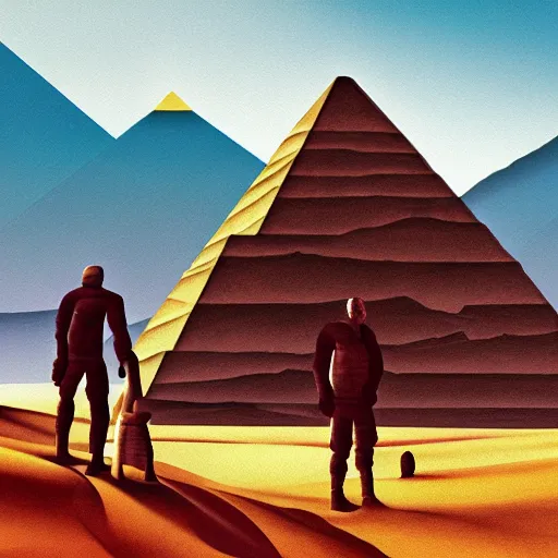 Image similar to people in the three body problem game,desert,pyramid，Modernist Painting,high detail,4k