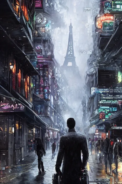 Image similar to in the foreground a Parisian street, in the background a dark-haired man from behind playing with swirls of black energy coming out of his hands wearing a long matrix-style jacket, realistic, high definition, many details, dramatic scene, detailed hands and realistic, symmetrical face, realistic eyes, cyberpunk art 2077