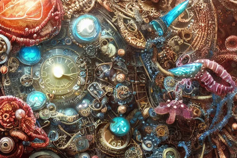 Prompt: beautiful painting close up of a huge caretta wearing a steampunk armour of jewels incrusted with clocks in vast ocean coral reef, water bubbles, intricate details, jewel fishes, two magnificent jelly fish, realistic shaded , steampunk, highly detailed, artstation, illustration Greg Rutkowski , octane render, 4k, dynamic light, volumetric light, neon lights, cinematic mood