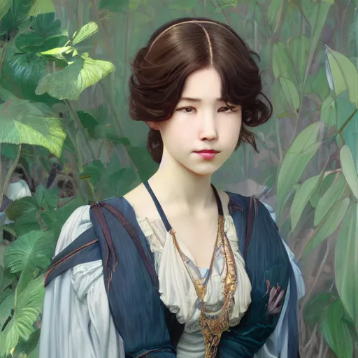 Image similar to IU, highly detailed, digital painting, artstation, concept art, smooth, sharp focus, illustration, ArtStation, art by artgerm and greg rutkowski and alphonse mucha and J. C. Leyendecker and Edmund Blair Leighton and Katsuhiro Otomo and Geof Darrow and Phil hale and Ashley wood and Ilya repin and Charlie Bowater