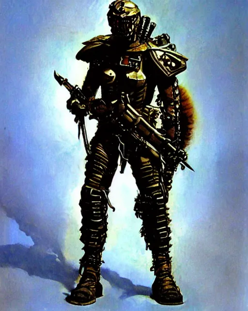 Image similar to full figure of a tech goth soldier wearing armor by simon bisley, john blance, frank frazetta, fantasy, barbarian