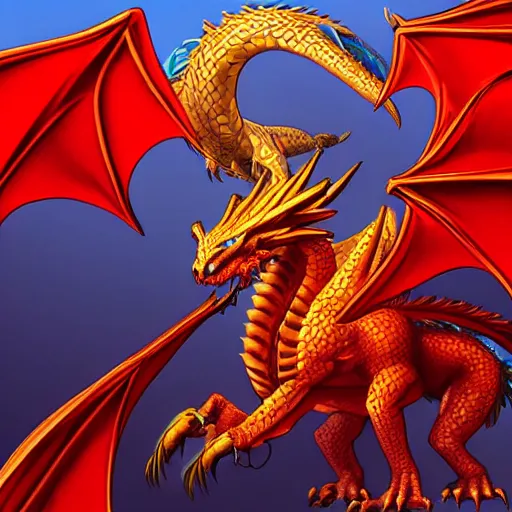 Prompt: a majestic dragon with azure blue eyes, iron claws, golden wings and scarlet red skin, hd, 4k, trending on artstation, award winning, 8k, 4k, 4k, very very very detailed, high quality pixel art