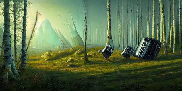 Image similar to painting group of sci - fi adventures searching birch trees forest for crashed ship by tomasz alen kopera and cornelius dammrich with futuristic city scape ion the distance by eddie jones and simon stahlenhag