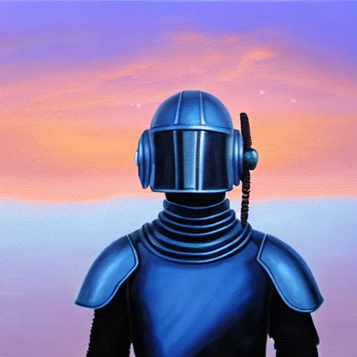Image similar to oil painting of a blue caped armored knight, wearing modern headphone, lonely, foggy, standing in midground, pink sunset, by capsar david friedrich