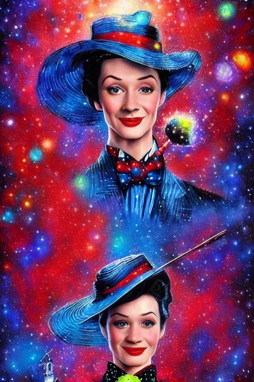 Image similar to beautiful oil painting with high detail of Marry Poppins made of stars and plasma; seemlessly blending wirh the cosmos, art direction by James Cameron ;by artgerm; wayne reynolds art station; cinematic quality character render; low angle; ultra high quality model; production quality cinema model; marry Poppins escher punk