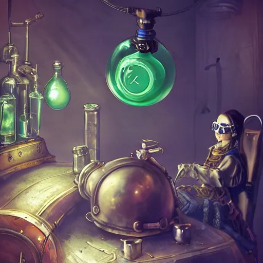 Image similar to subject = (steampunk alchemist with goggles concentrating on her latest creation), foreground = (a flask filled with glowing green liquid, specular highlights within, volumetric light, ray traced), background = (medieval alchemical workshop, filled with supplies), by ross tran, cgsociety, artstation, digital art, highly detailed, beautiful, award winnning, action action action, tilt shift, dramatic