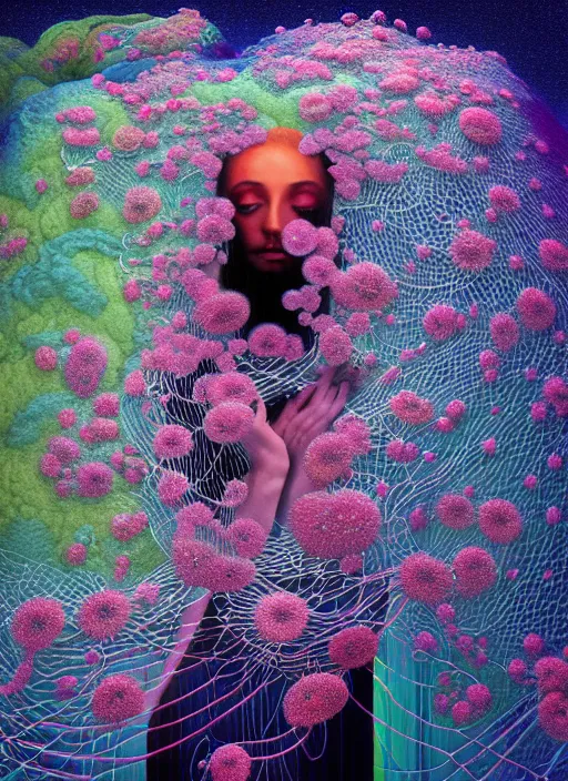 Image similar to hyper detailed 3d render like a Oil painting - Aurora (Singer) seen Eating of the Strangling network of yellowcake aerochrome and milky Fruit and Her delicate Hands hold of gossamer polyp blossoms bring iridescent fungal flowers whose spores black the foolish stars by Jacek Yerka, Mariusz Lewandowski, Houdini algorithmic generative render, Abstract brush strokes, Masterpiece, Edward Hopper and James Gilleard, Zdzislaw Beksinski, Mark Ryden, Wolfgang Lettl, hints of Yayoi Kasuma, octane render, 8k