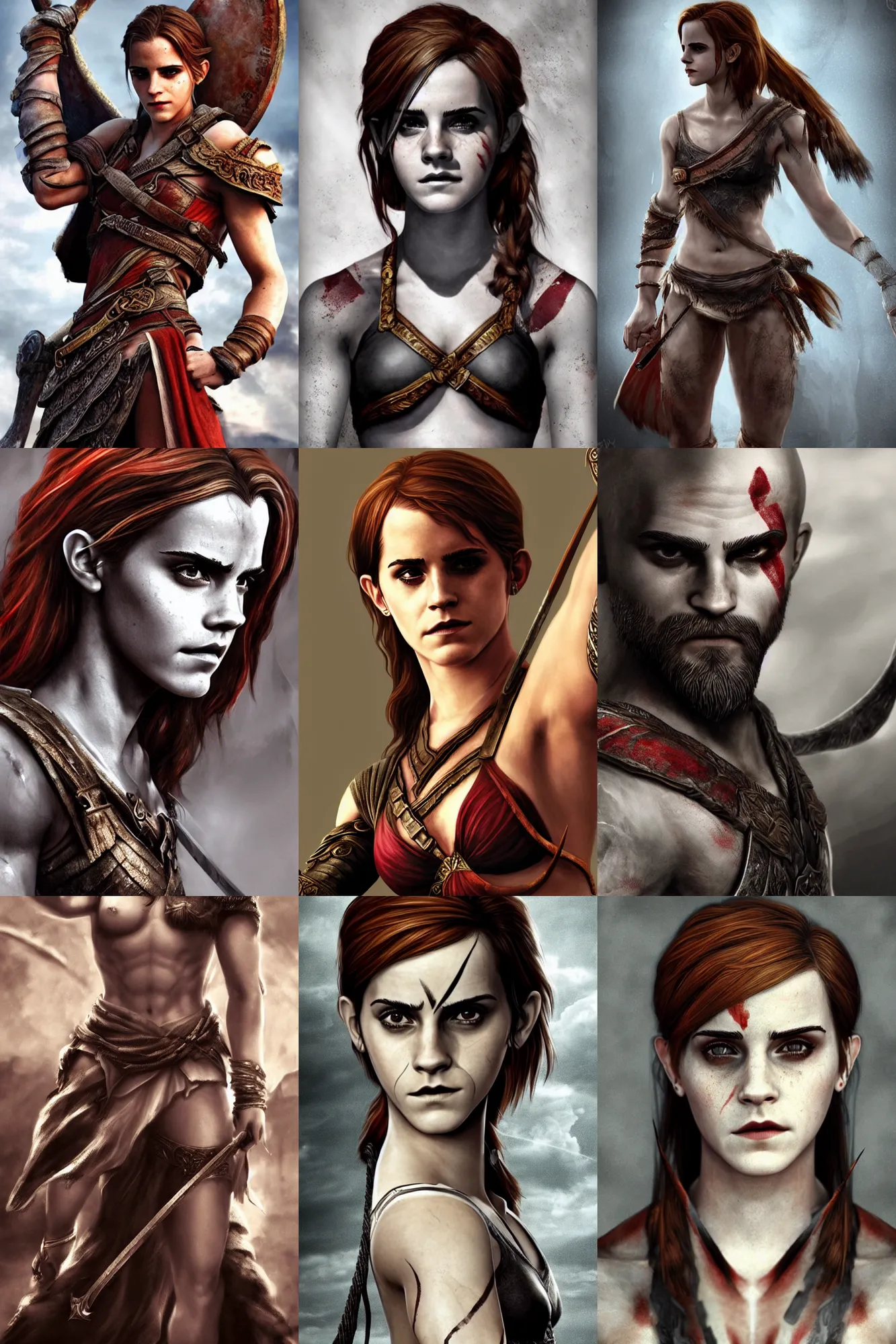 Prompt: Emma Watson as Kratos, brutal, detailed realistic, photorealistic, full body, ornate, intrinsic, artstation