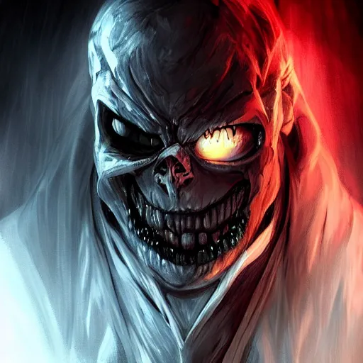 Image similar to photorealistic dark fantasy concept art of nightmare sans with his eye glowing, dynamic lighting, stunning visuals, ray tracing, beautiful scenery, cinematic, full body portrait, ultra detailed, hyper detail, stunning detail