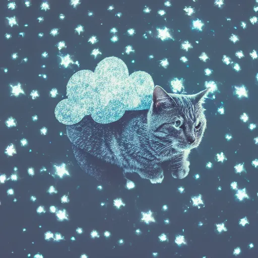 Prompt: a high - quality photo of a cat in a cloud of falling glitter, duochrome,, f 1. 4