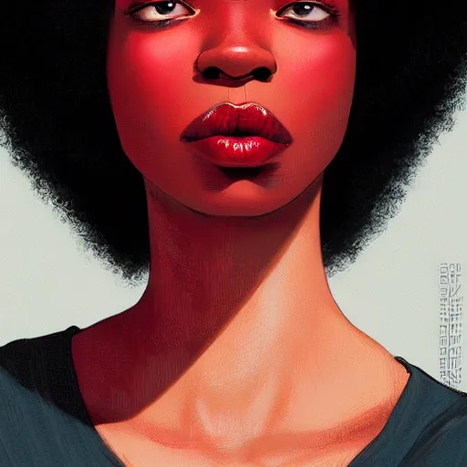 Prompt: A black woman with big Afro cute brown eyes, sexy red lips, fine-face, realistic shaded perfect face, fine details. realistic shaded lighting poster by Ilya Kuvshinov katsuhiro otomo ghost-in-the-shell, magali villeneuve, artgerm, Jeremy Lipkin and Michael Garmash, Rob Rey and Kentarõ Miura style, trending on art station