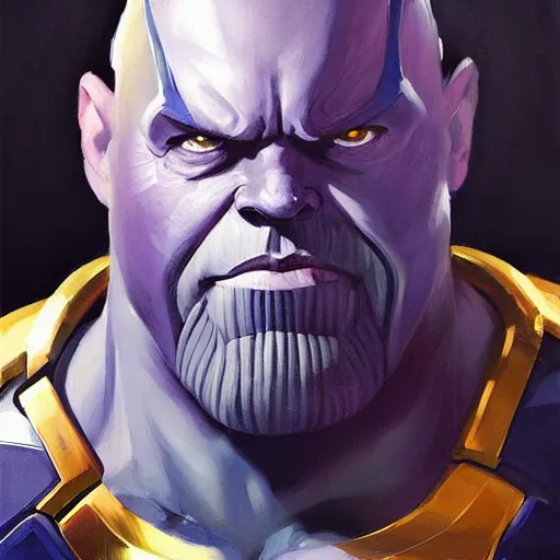 Image similar to greg manchess portrait painting of thanos as overwatch character, medium shot, asymmetrical, profile picture, organic painting, sunny day, matte painting, bold shapes, hard edges, street art, trending on artstation, by huang guangjian and gil elvgren and sachin teng