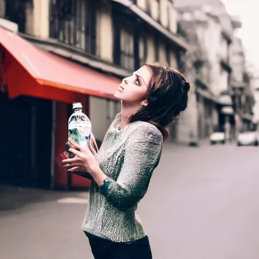 Image similar to photograph of woman holding a bottle in street, fashion shoot, award winning, kodak, 4 k, realistic intricate detail, hyper detail, woman very tired, full body potrait holding bottle, hazel green eyes, realistic, highlydetailed, natural, masterpiece, sharp focus,