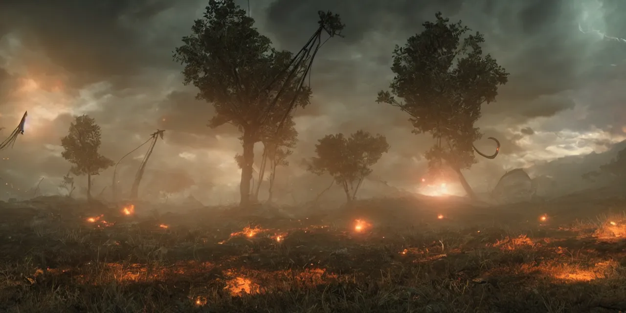 Image similar to war of the worlds, volumetric lighting, cinematic, unreal engine