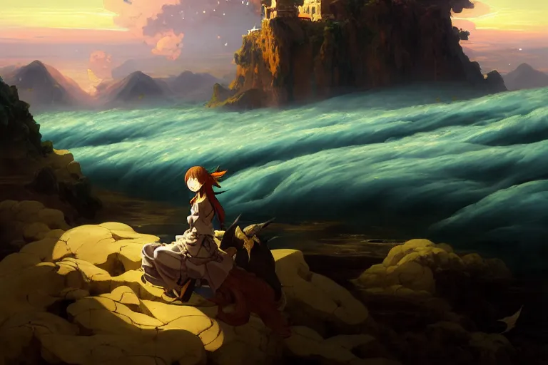 Image similar to baroque oil painting of anime key visual environment concept art of of wanderer above the sea of fog 1 8 1 8 but with anime girl, long flowing brown hair, grimdark fantasy, acrylic painting, trending on pixiv fanbox, palette knife and brush strokes, style of makoto shinkai jamie wyeth james gilleard edward hopper greg rutkowski studio ghibli genshin impact