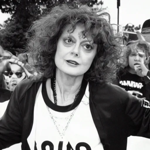 Image similar to 1 9 9 0 s video still of susan sarandon, wearing hip hop urban clothing, rapping on stage at a small outdoor concert, vhs artifacts