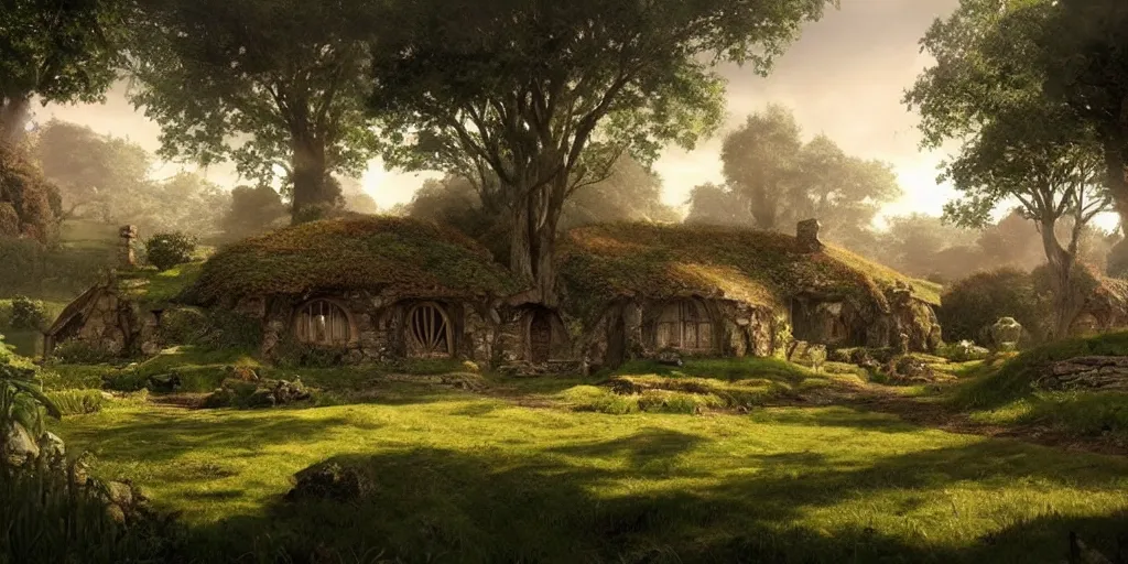 Image similar to the shire, hobbits village. concept art. photorealistic. epic. cinematic. artstation.