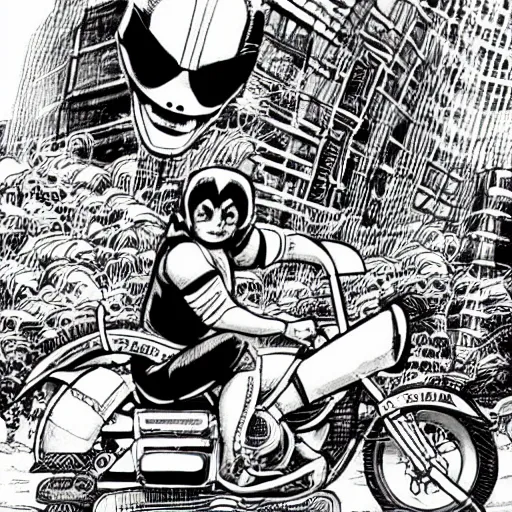 Image similar to mexican wrestler riding japanese motorcycle in neotokyo, manga katsuhiro otomo style, full page cartoon