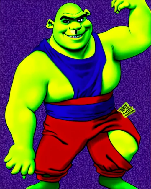 Prompt: Shrek in the role of Goku, digital art