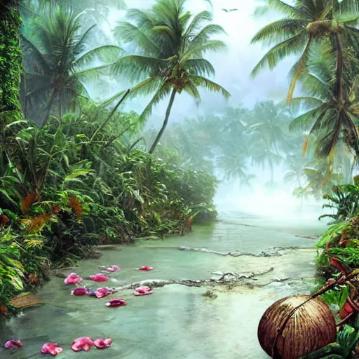 Image similar to tropical island, ornate, beautiful, atmosphere, vibe, mist, coconuts, rain, wet, pristine, puddles, melting, dripping, snow, creek, lush, ice, bridge, forest, roses, flowers, by stanley artgerm lau, greg rutkowski, thomas kindkade, alphonse mucha, loish, norman rockwell