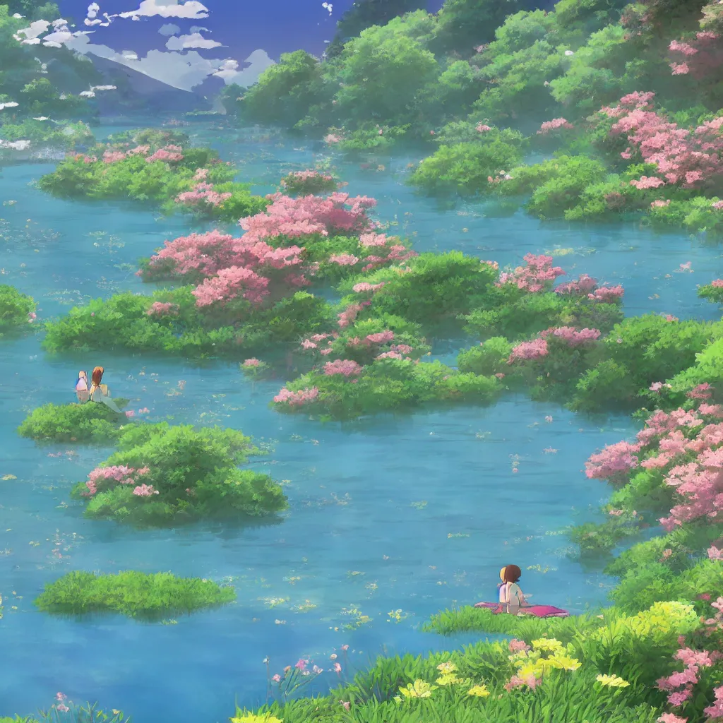 Image similar to a beautiful lake with blooming flowers, sunshine, warm colors, relaxing, calm, cozy, peaceful, by mamoru hosoda, hayao miyazaki, makoto shinkai