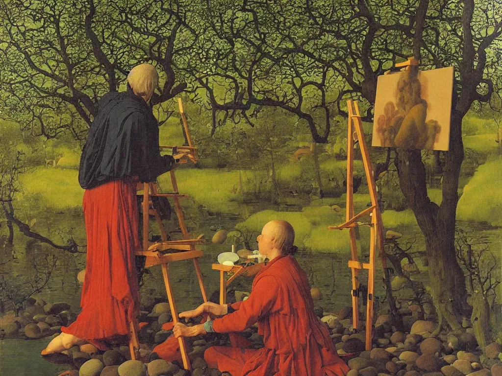 Image similar to Portrait of an artist painting at his easel knee deep in a river. Humanoid rocks, coral-like pebbles, spring orchard in bloom. Painting by Jan van Eyck, Georges de la Tour, Rene Magritte, Jean Delville, Max Ernst