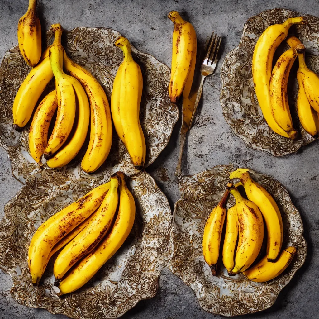 Image similar to roasted bananas with decorative orange skin, in designer plate with flowery pattern, closeup, hyper real, food photography, high quality