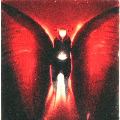 Image similar to Real Polaroid photo of Mothman perched on a bridge, red glowing eyes