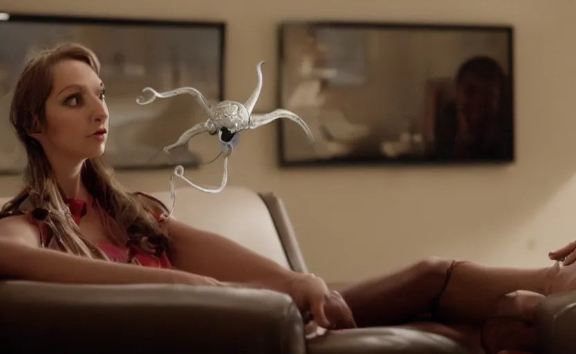 Image similar to an ocotopus waiting on the couch for the psychiatrist to come in, still from the movie her