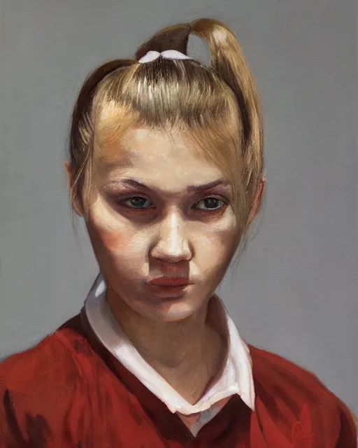 Prompt: portrait of a russian girl, medium closeup, pigtails, cinematic light, dark background, sideview, looking down, wrinkled cotton shirt, oilpainting