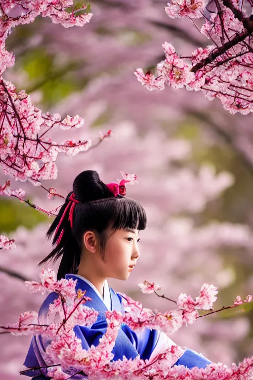 Prompt: highly detailed beautiful photo of a young female samurai, practising sword stances in front of a cherry blossom tree, symmetrical face, beautiful eyes, pink hair, realistic anime art style, 8 k, award winning photo, pastels colours, action photography, 1 / 1 2 5 shutter speed, sunrise lighting
