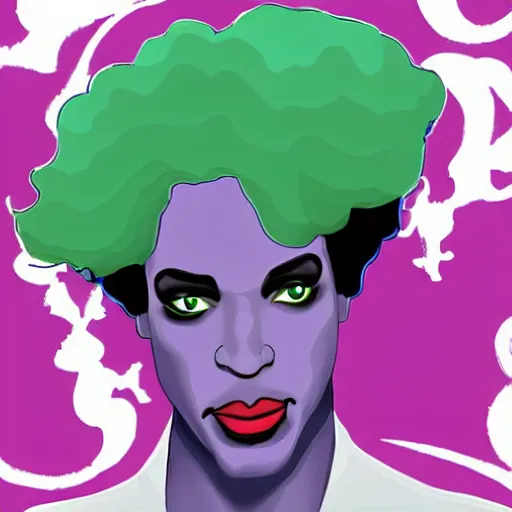 Image similar to an illustration of prince as the villain gemini. half his face is white with green hair.