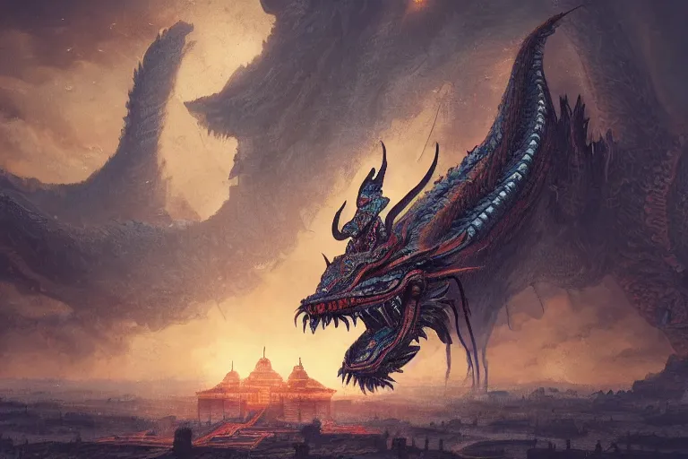 Prompt: Beautiful 75mm photo of A very very huge massive giant fantasy one headed Chinese dragon with wings in an aztec temple at night, in the style of greg rutkowski, illustration, epic, fantasy, intricate, hyper detailed, artstation, concept art, rim lighting, elder scrolls, unreal, smooth, sharp focus, ray tracing