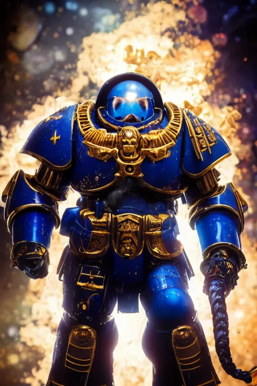Prompt: a portrait of an ultramarine, space marine, warhammer 4 0 k setting, dynamic pose, intricate details, intricately detailed clothing, intricate textures, warm lighting, vivid colors, smoke and mist, realistic octane render, hyper realistic render, volumetric shading, depth of field, raytracing, 8 k,
