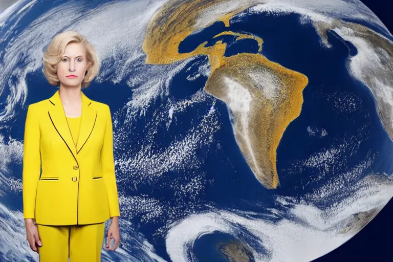 Prompt: a portrait photograph of a confident caucasian woman in her 6 0's with short blonde hair and penetrating eyes wearing a tailored yellow suit standing against a backdrop of the planet earth which is on fire. in the style of annie leibowitz,