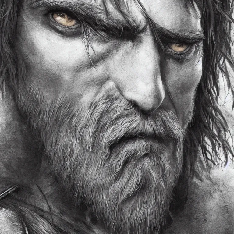 Prompt: fantasy art of a male human warrior, lord of the rings, poster, finely detailed face delicate features, black full beard, full body, realistic, sharp focus, 8 k high definition, insanely detailed, intricate, elegant, character portrait, portrait, close up, concept art
