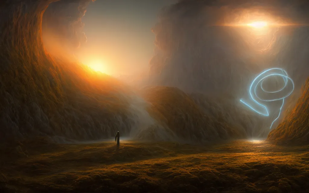 Prompt: portal to truth dimension on a valley of sorrow, illustration, moody, chaotic, god, mist, nuclear explosion background, volumetric lighting, soft lighting, soft details, painting oil on canvas by ryan church and Edmund Blair Leighton, octane render, HDR, trending on artstation, 4k, 8k, HD