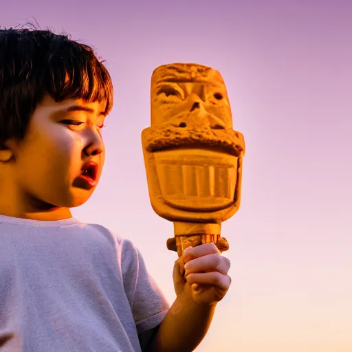 Image similar to a very upset and crying kid holding an ice cream cone with a small moai statue in the ice cream cone, 4 k photograph