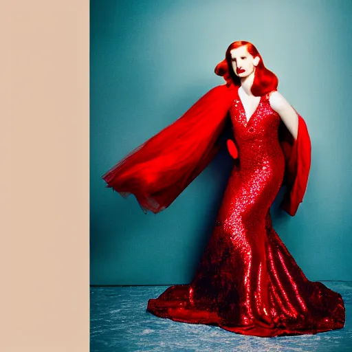 Image similar to film portrait, fine art photography of jessica chastain as jessica rabbit, head and shoulders photography. red sequin ballgown dress. kodak ektar 4 0 0. canon f 1. 2. detailed, realistic