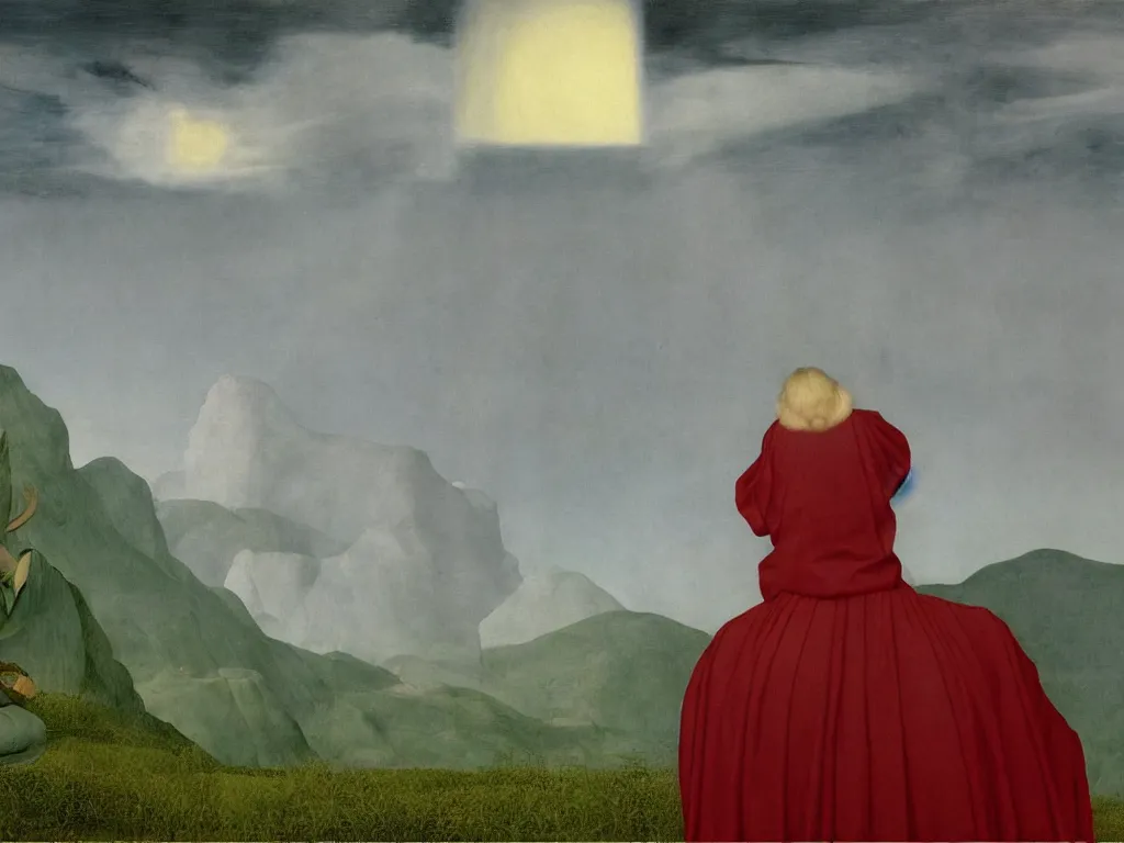 Image similar to albino mystic, with his back turned, looking at a storm over over the mountains in the distance, with strange hallucination, optical illusion. Painting by Jan van Eyck, Audubon, Rene Magritte, Agnes Pelton, Max Ernst, Walton Ford