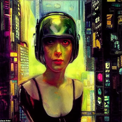 Image similar to “ a girl! looking down at a futuristic new york city below in the year 3 6 6 6, cyberpunk, detailed face, oil painting, by george bellows ”