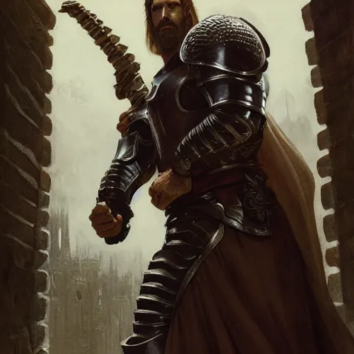 Image similar to half length portrait of chris evans as a martial cleric in plate armor, morningstar, d & d, medieval, fantasy, greg rutkowski, frank frazetta, alexandre chaudret, boris vallejo, michael whelan, miro petrov, hr giger