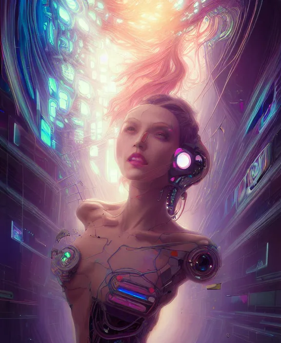 Image similar to a whirlwind of souls rushing inside the metaverse, hologram, half body, neurochip, shaved temple, piercing, jewelry, android, cyborg, cyberpunk face, by loish, d & d, fantasy, intricate, elegant, highly detailed, colorful, digital painting, artstation, concept art, art by artgerm and greg rutkowski and alphonse mucha