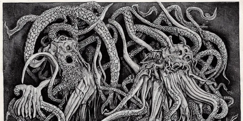 Image similar to 1920s cthulhu illustration, Scherenschnitt, wonderfully detailed, spooky